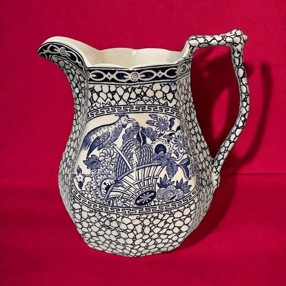 Vtg English William Adams Double Sided Blue & White Pottery Pitcher Oriental - Picture 1 of 12